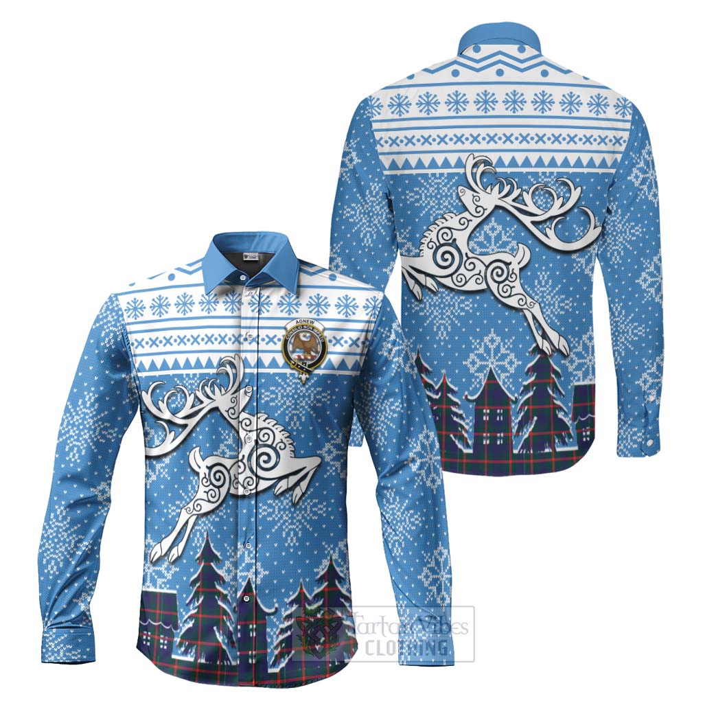 Tartan Vibes Clothing Agnew Clan Christmas Long Sleeve Button Shirt Celtic Reindeer Style