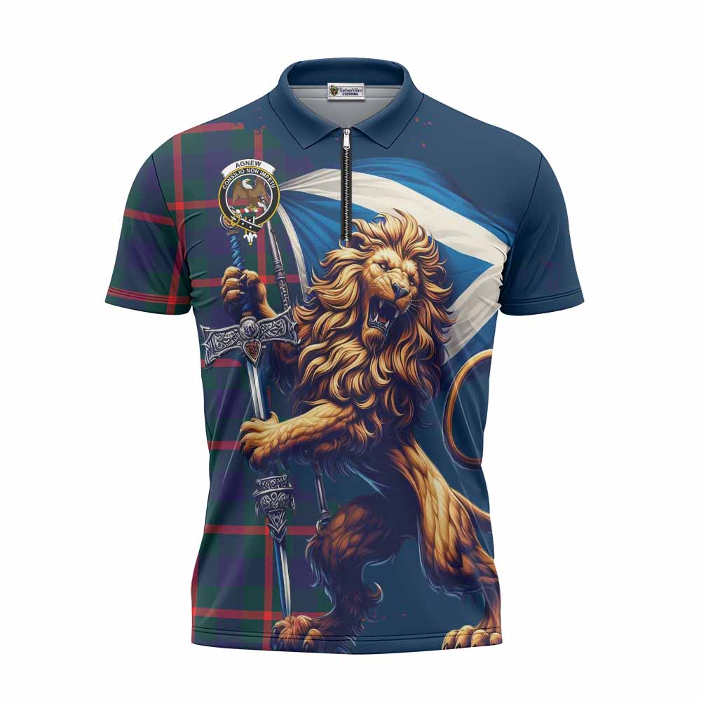 Tartan Vibes Clothing Agnew Tartan Family Crest Zipper Polo Shirt with Scottish Majestic Lion