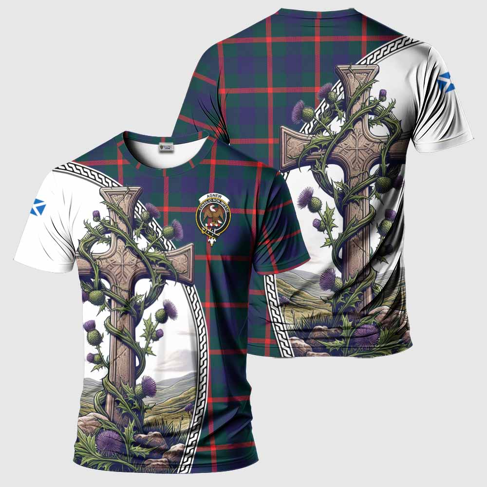 Tartan Vibes Clothing Agnew Agnew Tartan T-Shirt with Family Crest and St. Andrew's Cross Accented by Thistle Vines