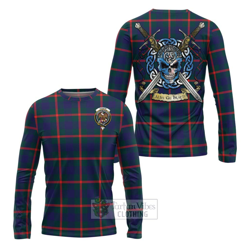 Tartan Vibes Clothing Agnew Tartan Long Sleeve T-Shirt with Family Crest Celtic Skull Style