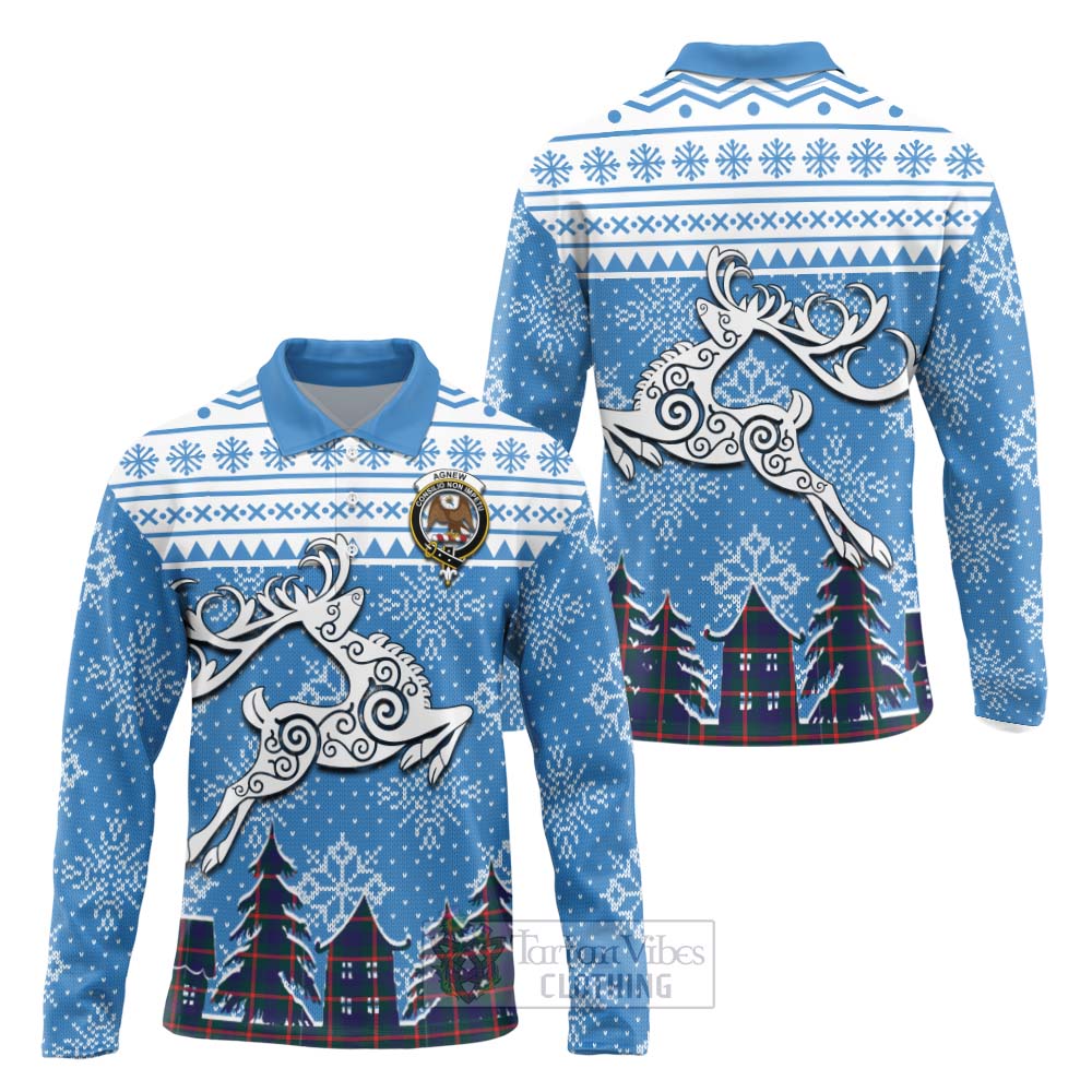 Tartan Vibes Clothing Agnew Clan Christmas Long Sleeve Polo Shirt Celtic Reindeer Style