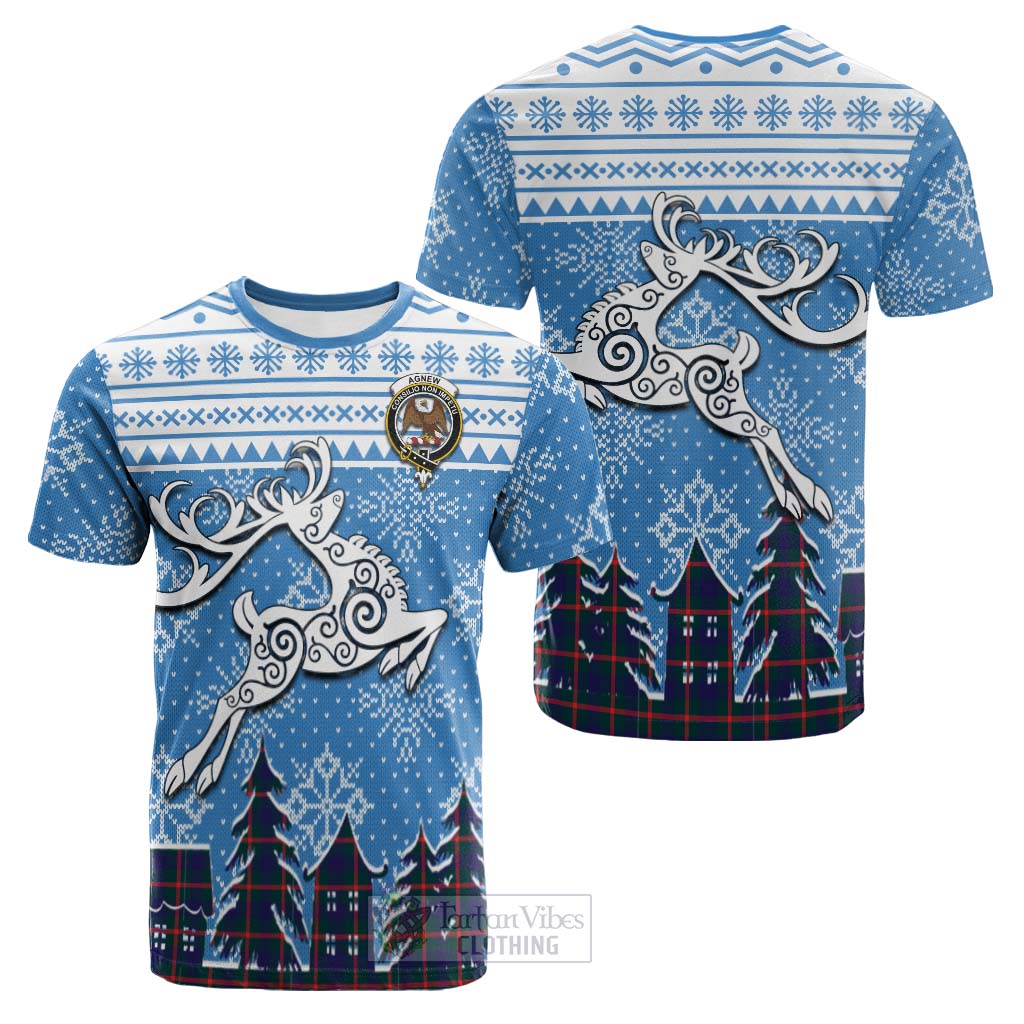 Tartan Vibes Clothing Agnew Clan Christmas Cotton T-shirt Celtic Reindeer Style