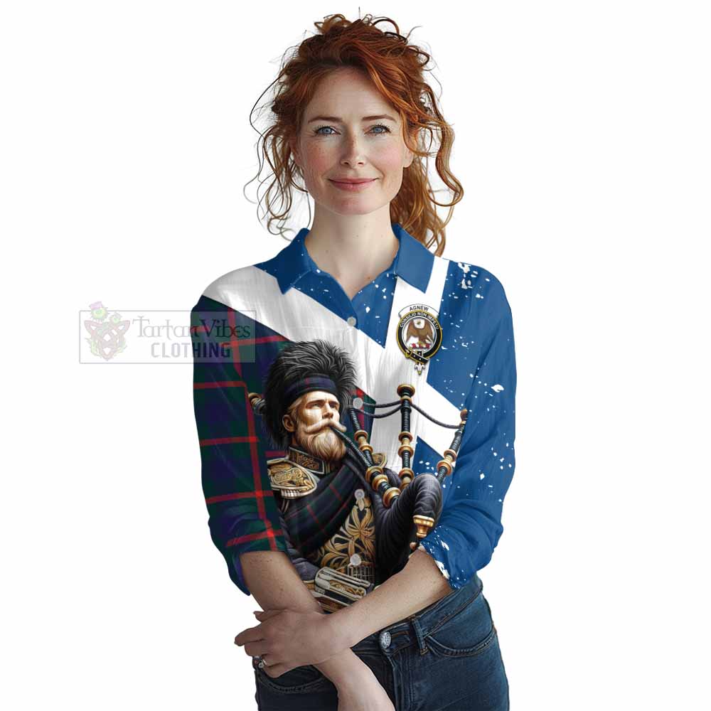 Tartan Vibes Clothing Agnew Tartan Women's Casual Shirt with Family Crest Scottish Bagpiper Vibes