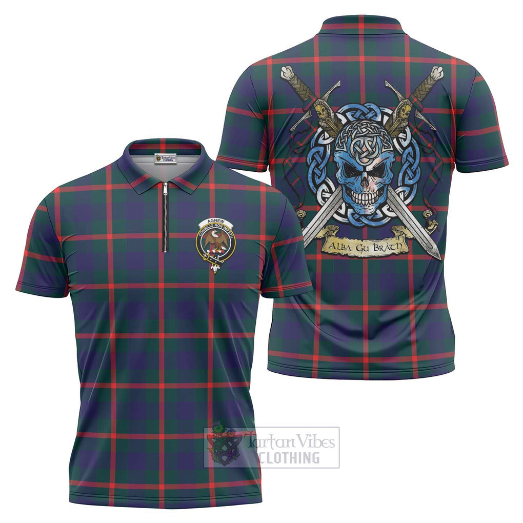 Tartan Vibes Clothing Agnew Tartan Zipper Polo Shirt with Family Crest Celtic Skull Style