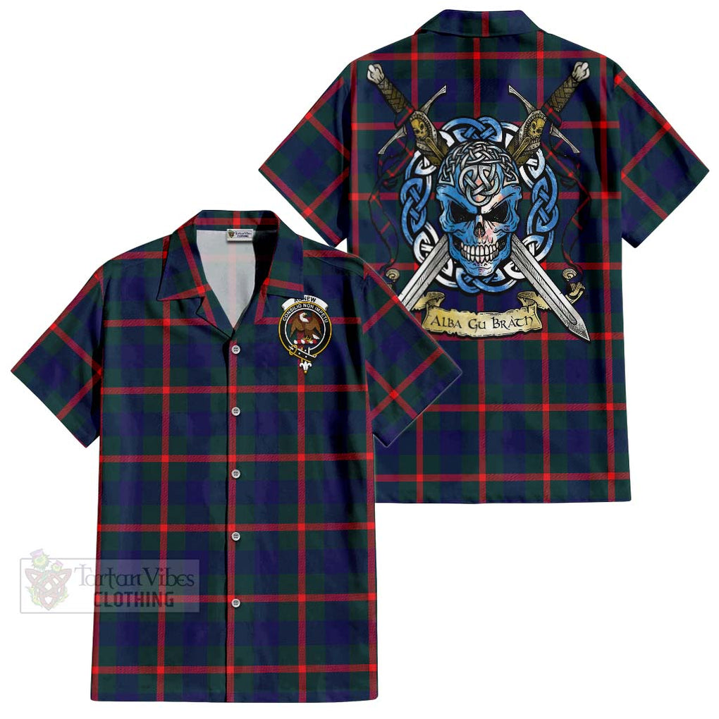 Tartan Vibes Clothing Agnew Tartan Short Sleeve Button Shirt with Family Crest Celtic Skull Style