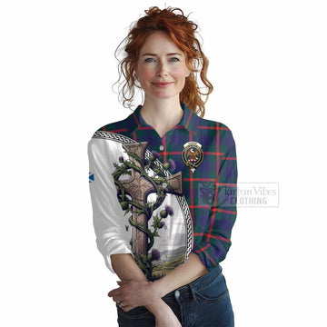 Agnew Tartan Women's Casual Shirt with Family Crest and St. Andrew's Cross Accented by Thistle Vines