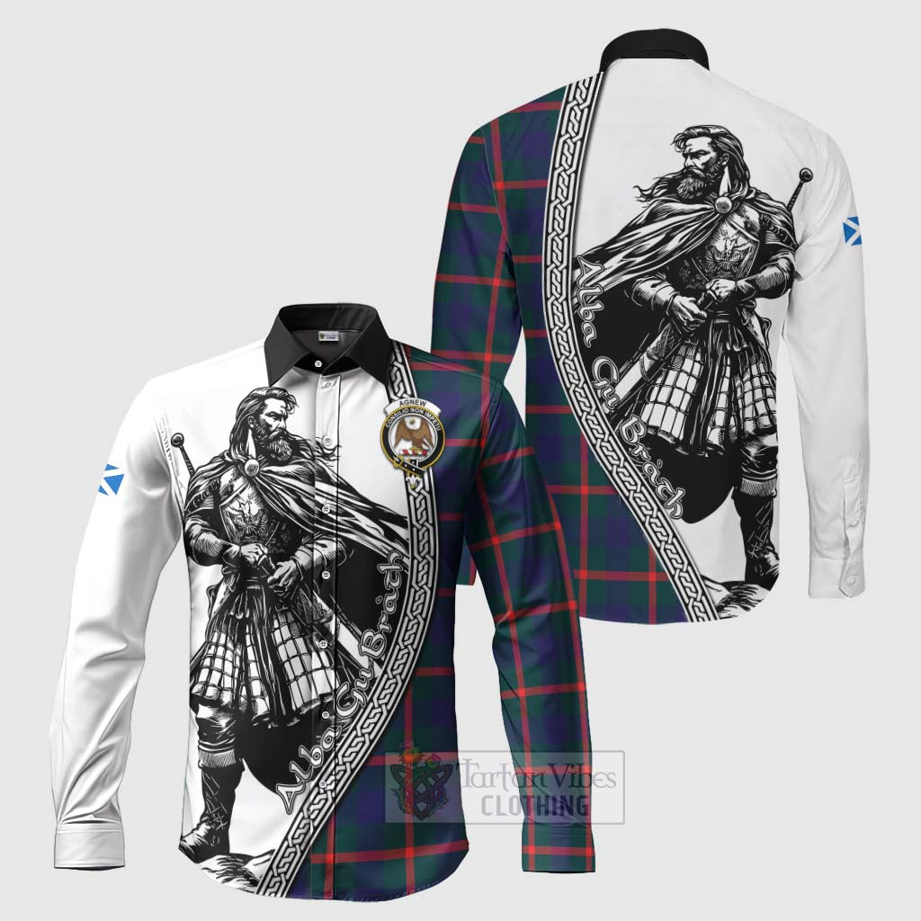 Tartan Vibes Clothing Agnew Tartan Clan Crest Long Sleeve Button Shirt with Highlander Warrior Celtic Style