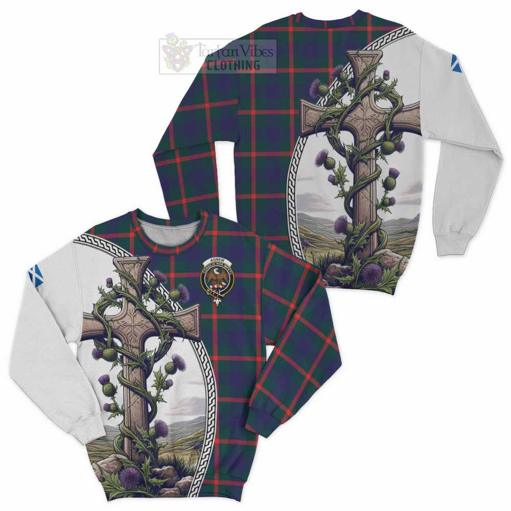 Tartan Vibes Clothing Agnew Tartan Sweatshirt with Family Crest and St. Andrew's Cross Accented by Thistle Vines