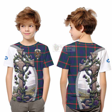 Agnew Tartan Kid T-Shirt with Family Crest and St. Andrew's Cross Accented by Thistle Vines