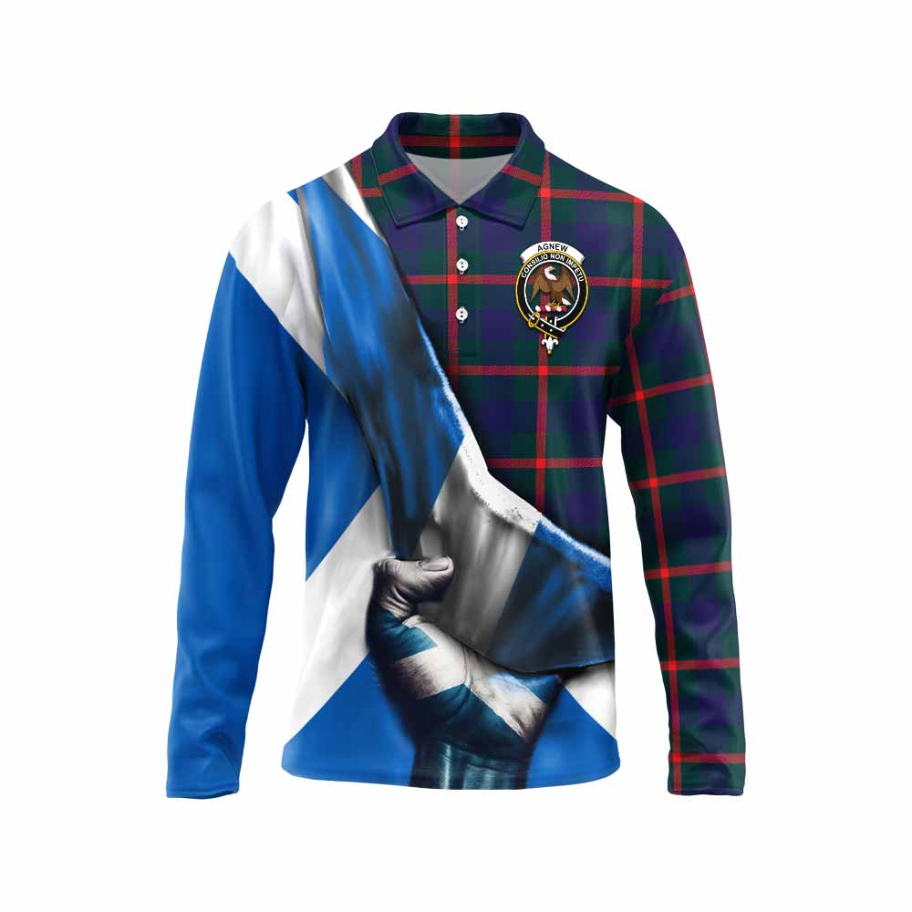 Tartan Vibes Clothing Agnew Tartan Long Sleeve Polo Shirt with Family Crest Scotland Patriotic Style