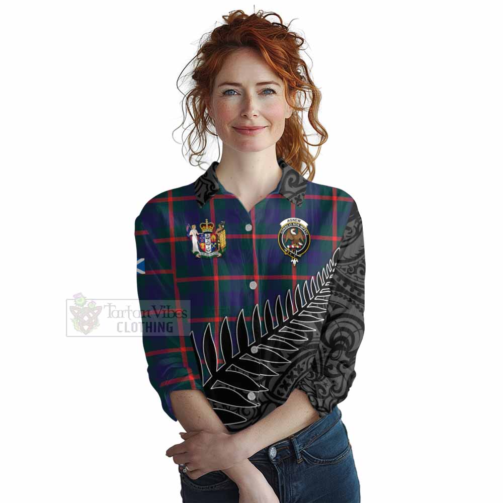 Tartan Vibes Clothing Agnew Crest Tartan Women's Casual Shirt with New Zealand Silver Fern Half Style