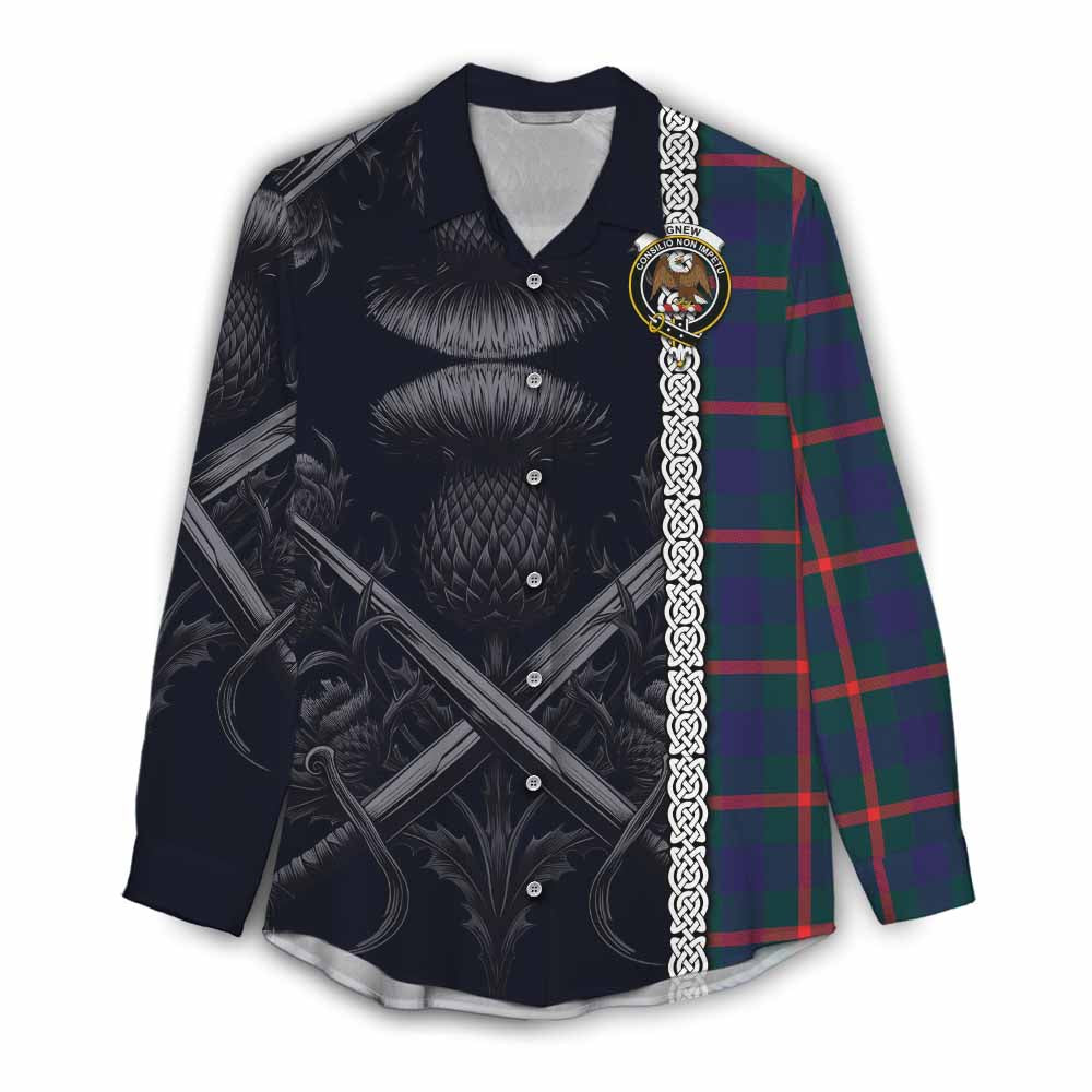 Tartan Vibes Clothing Agnew Tartan Women's Casual Shirt with Family Crest Cross Sword Thistle Celtic Vibes