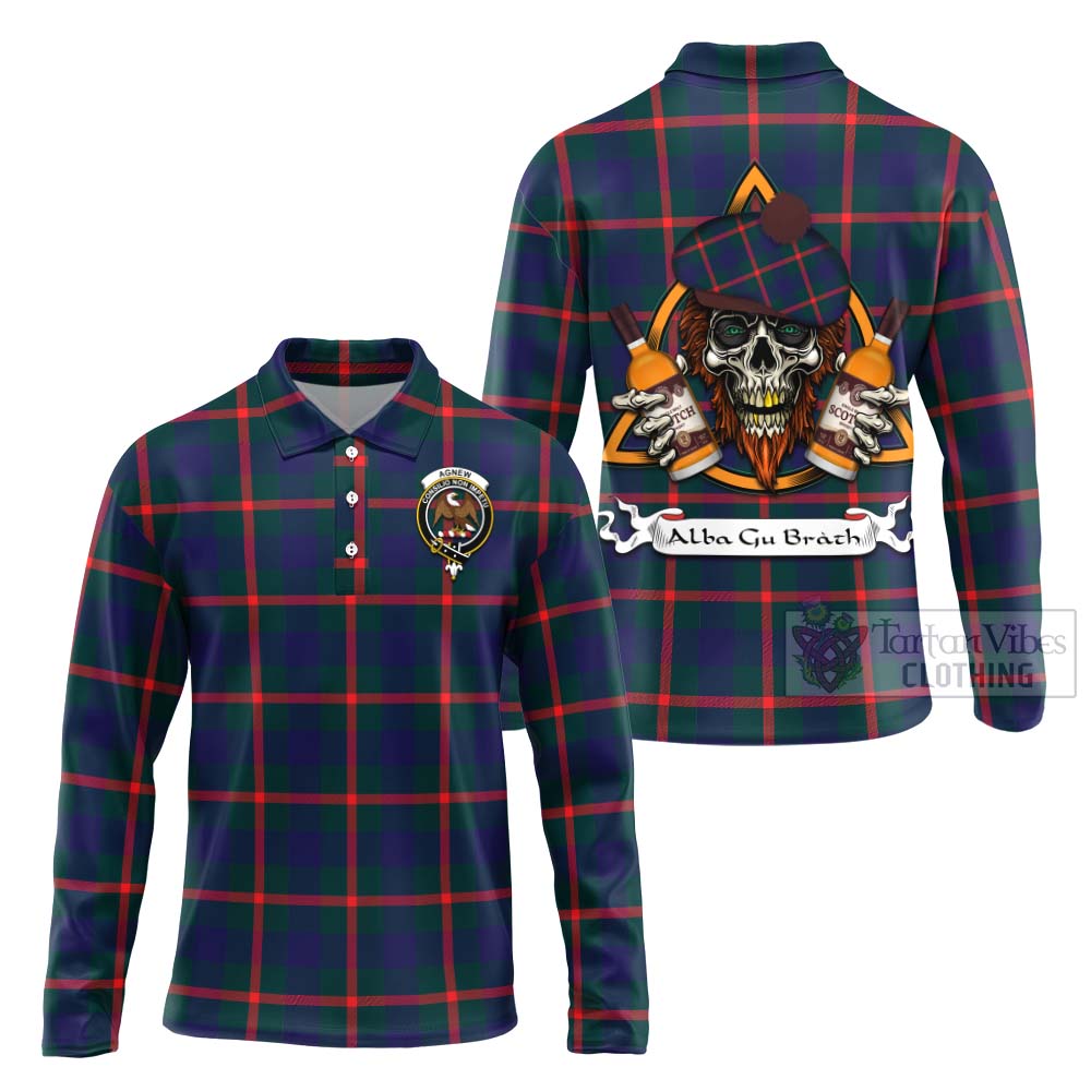 Tartan Vibes Clothing Agnew Tartan Long Sleeve Polo Shirt with Family Crest and Bearded Skull Holding Bottles of Whiskey