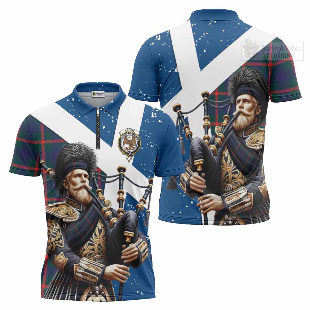 Tartan Vibes Clothing Agnew Tartan Zipper Polo Shirt with Family Crest Scottish Bagpiper Vibes