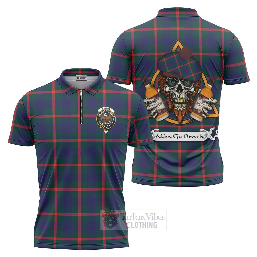 Tartan Vibes Clothing Agnew Tartan Zipper Polo Shirt with Family Crest and Bearded Skull Holding Bottles of Whiskey