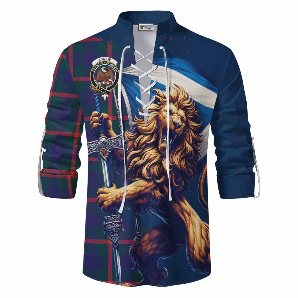 Tartan Vibes Clothing Agnew Tartan Family Crest Ghillie Kilt Shirt with Scottish Majestic Lion