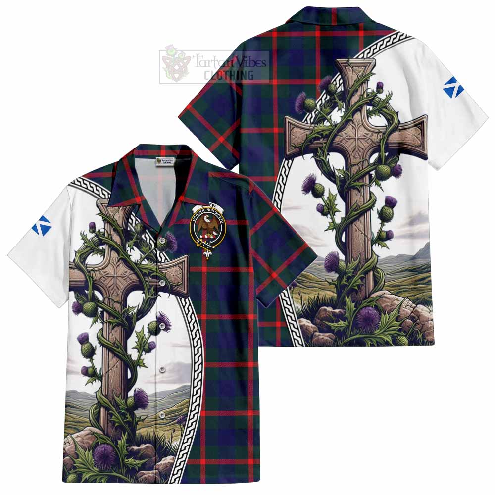 Tartan Vibes Clothing Agnew Tartan Short Sleeve Button Shirt with Family Crest and St. Andrew's Cross Accented by Thistle Vines