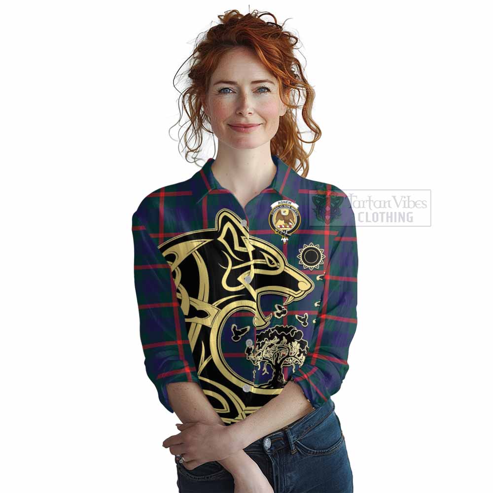 Tartan Vibes Clothing Agnew Tartan Women's Casual Shirt with Family Crest Celtic Wolf Style