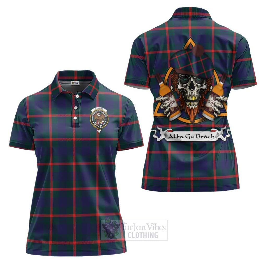 Tartan Vibes Clothing Agnew Tartan Women's Polo Shirt with Family Crest and Bearded Skull Holding Bottles of Whiskey