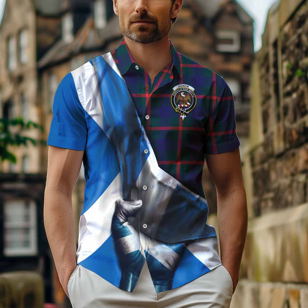 Tartan Vibes Clothing Agnew Tartan Short Sleeve Button Shirt with Family Crest Scotland Patriotic Style