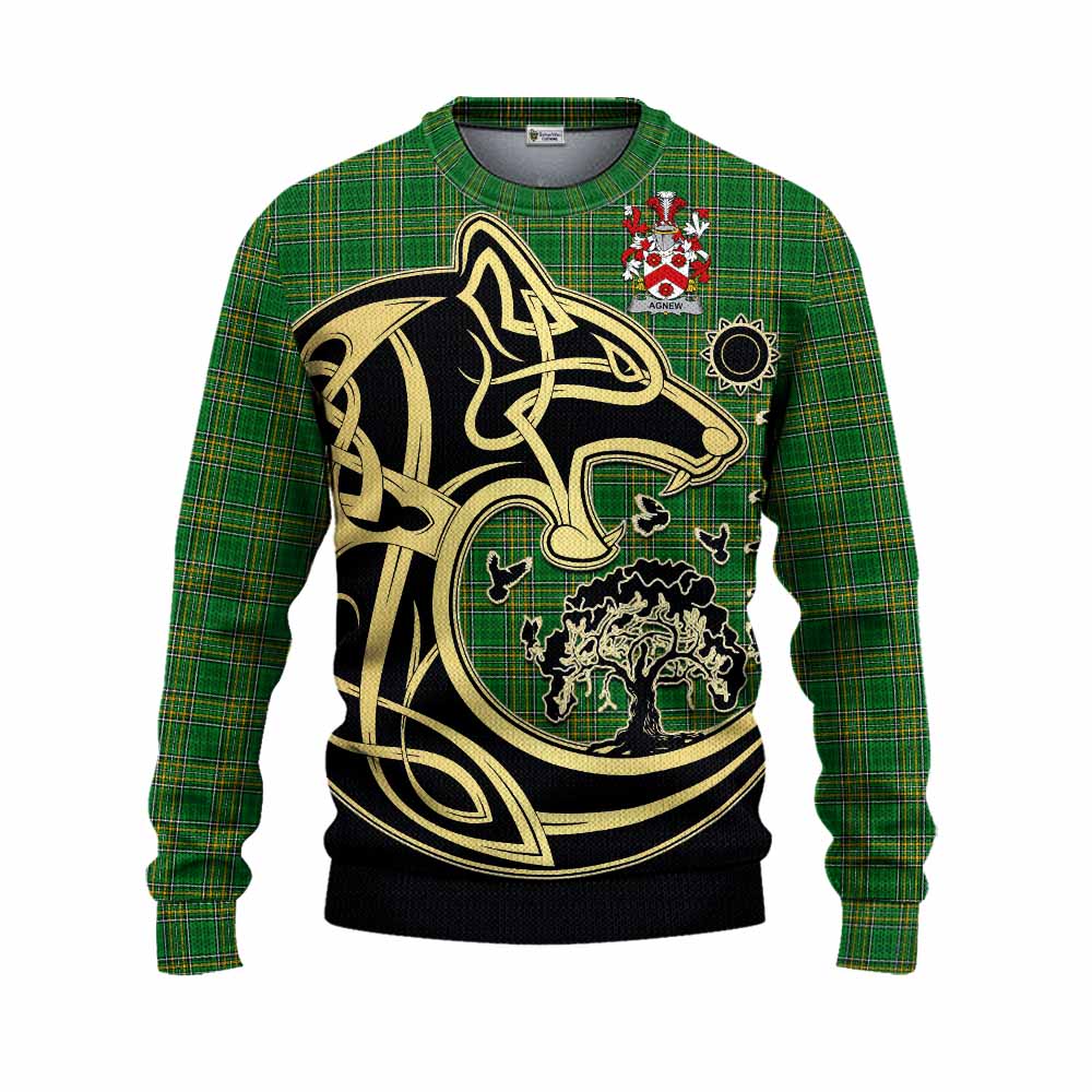 Tartan Vibes Clothing Agnew Irish Tartan Knitted Sweater with Coat of Arms Celtic Wolf Style