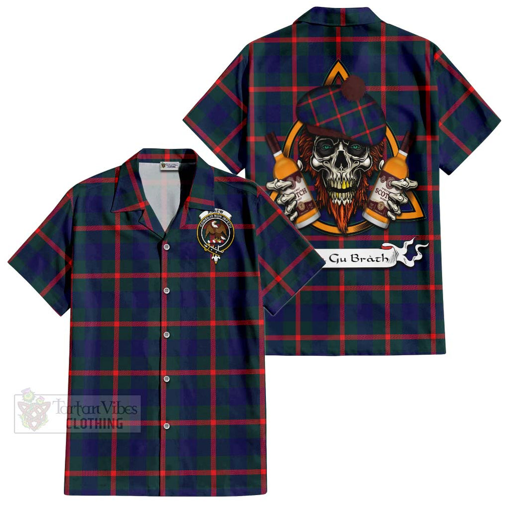 Tartan Vibes Clothing Agnew Tartan Short Sleeve Button Shirt with Family Crest and Bearded Skull Holding Bottles of Whiskey