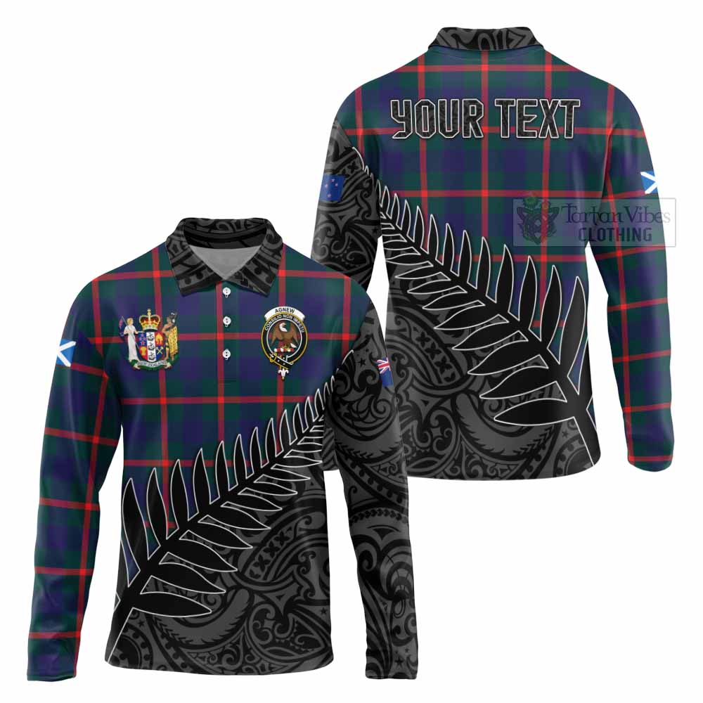 Tartan Vibes Clothing Agnew Crest Tartan Long Sleeve Polo Shirt with New Zealand Silver Fern Half Style