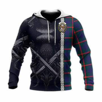 Agnew Tartan Knitted Hoodie with Family Crest Cross Sword Thistle Celtic Vibes