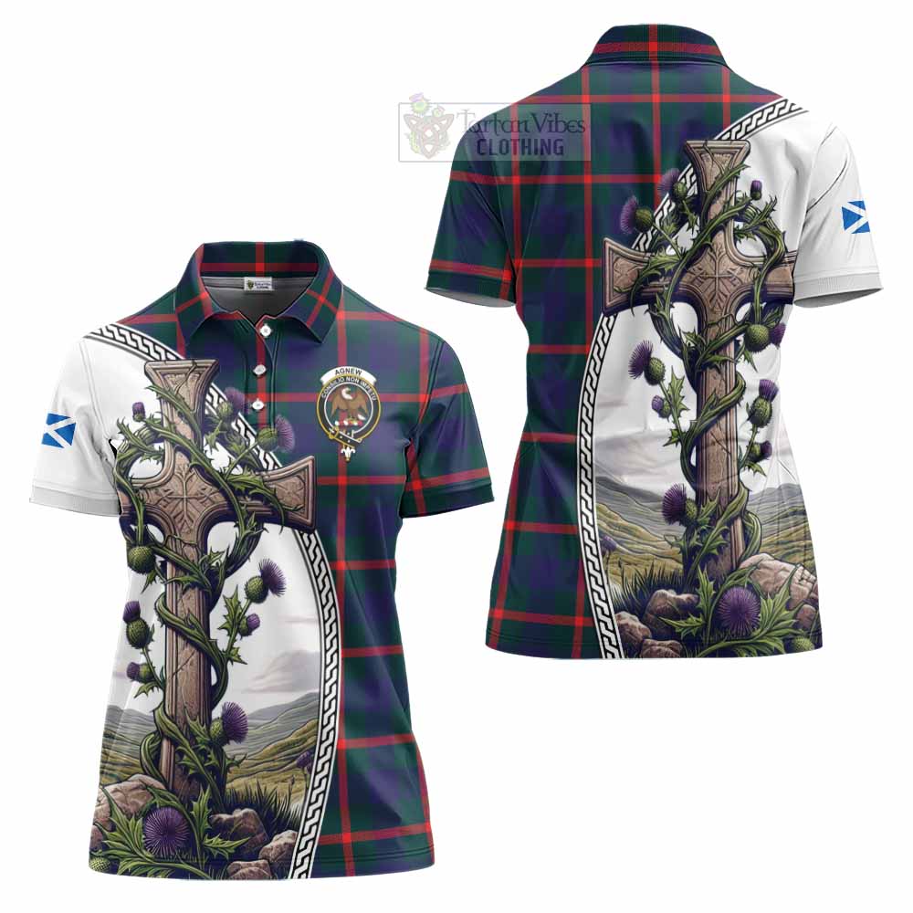 Tartan Vibes Clothing Agnew Tartan Women's Polo Shirt with Family Crest and St. Andrew's Cross Accented by Thistle Vines