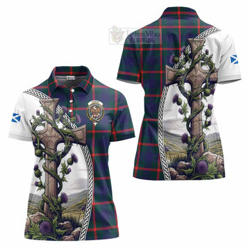 Agnew Tartan Women's Polo Shirt with Family Crest and St. Andrew's Cross Accented by Thistle Vines