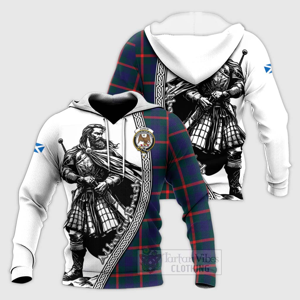 Tartan Vibes Clothing Agnew Tartan Clan Crest Knitted Hoodie with Highlander Warrior Celtic Style