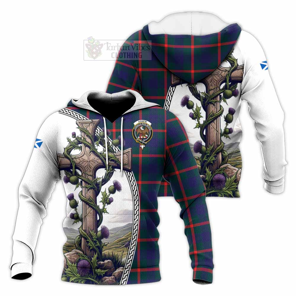 Tartan Vibes Clothing Agnew Tartan Knitted Hoodie with Family Crest and St. Andrew's Cross Accented by Thistle Vines