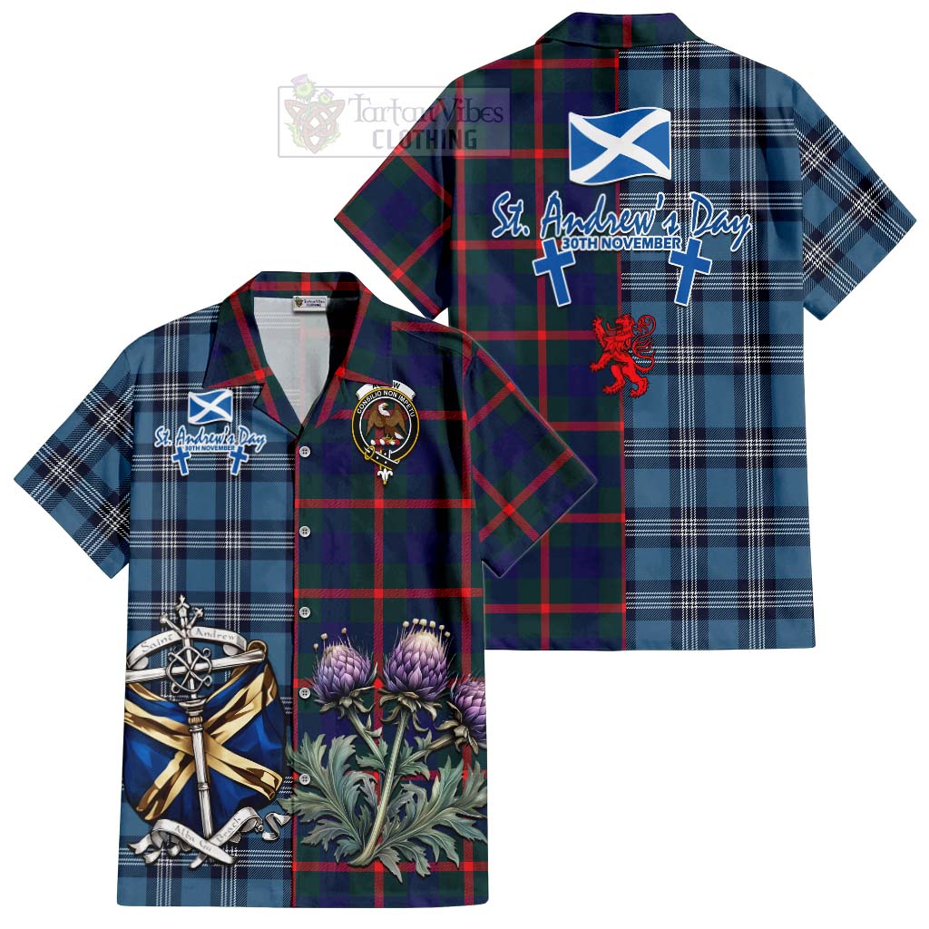 Tartan Vibes Clothing Agnew Tartan Short Sleeve Button Shirt Happy St. Andrew's Day Half Tartan Style