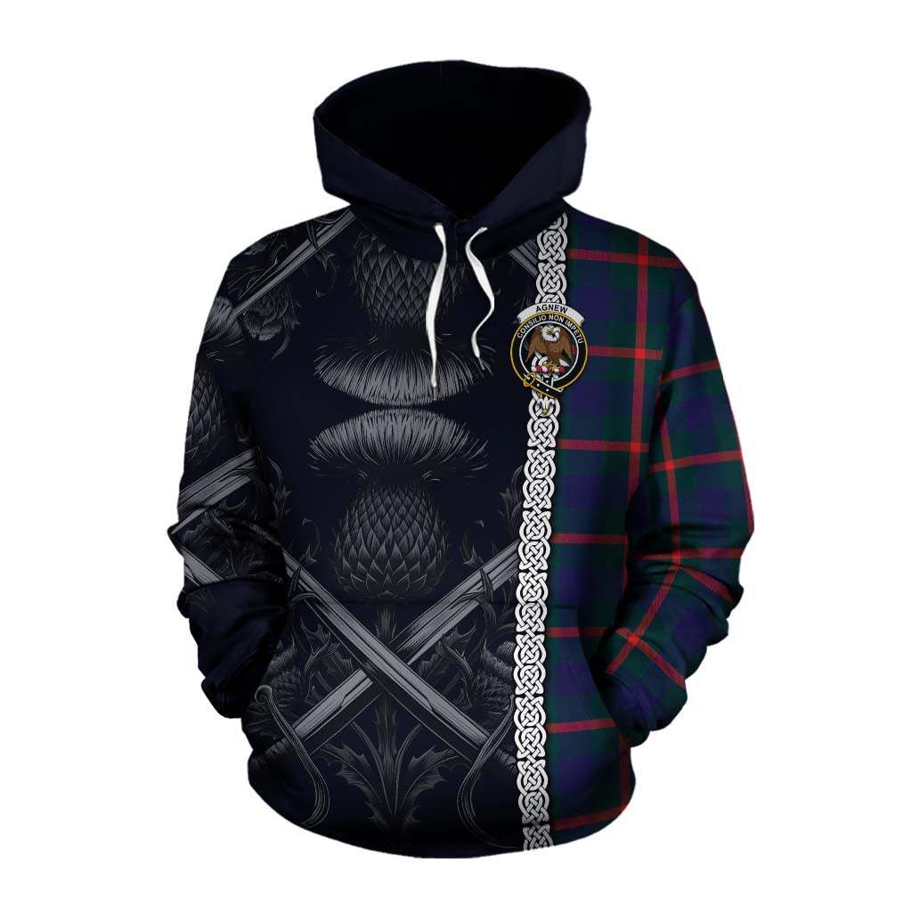 Tartan Vibes Clothing Agnew Tartan Cotton Hoodie with Family Crest Cross Sword Thistle Celtic Vibes