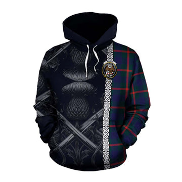 Agnew Tartan Cotton Hoodie with Family Crest Cross Sword Thistle Celtic Vibes