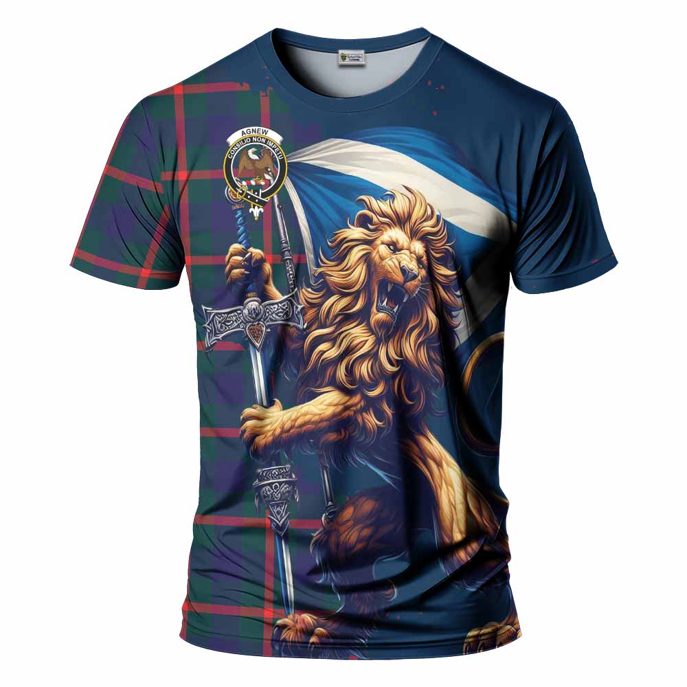 Tartan Vibes Clothing Agnew Tartan Family Crest T-Shirt with Scottish Majestic Lion