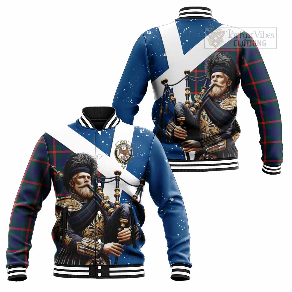 Tartan Vibes Clothing Agnew Tartan Baseball Jacket with Family Crest Scottish Bagpiper Vibes