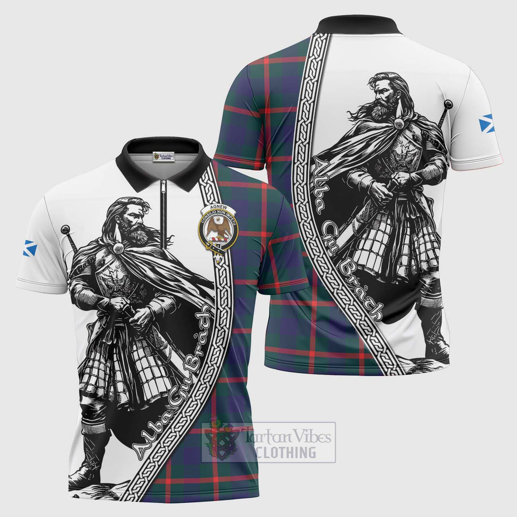 Tartan Vibes Clothing Agnew Tartan Clan Crest Zipper Polo Shirt with Highlander Warrior Celtic Style