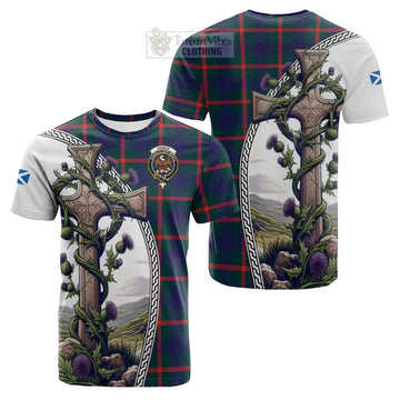 Agnew Tartan Cotton T-shirt with Family Crest and St. Andrew's Cross Accented by Thistle Vines