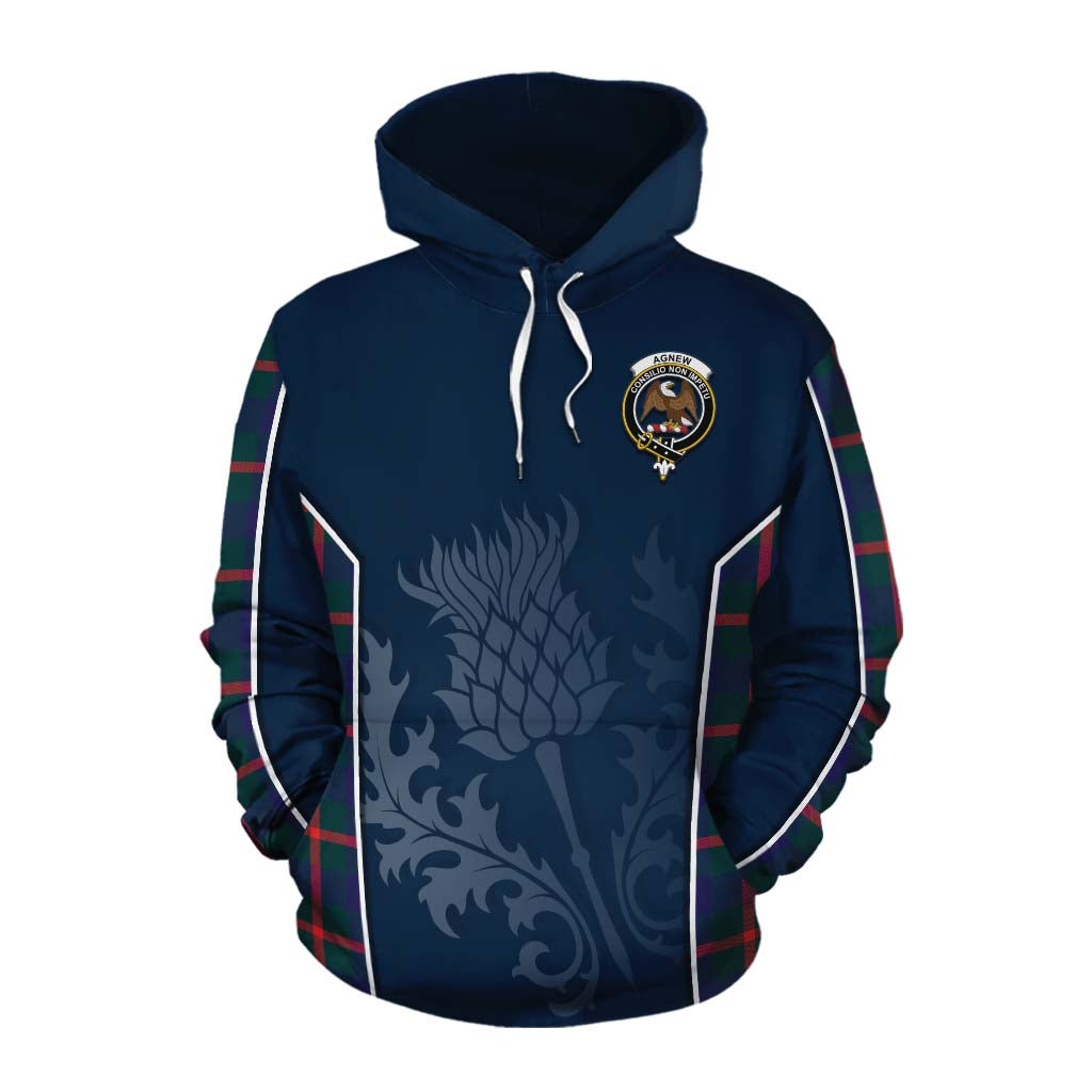 Tartan Vibes Clothing Agnew Tartan Cotton Hoodie with Family Crest and Scottish Thistle Vibes Sport Style