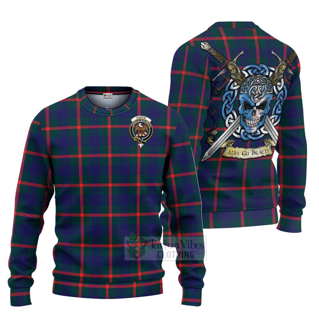 Tartan Vibes Clothing Agnew Tartan Knitted Sweater with Family Crest Celtic Skull Style