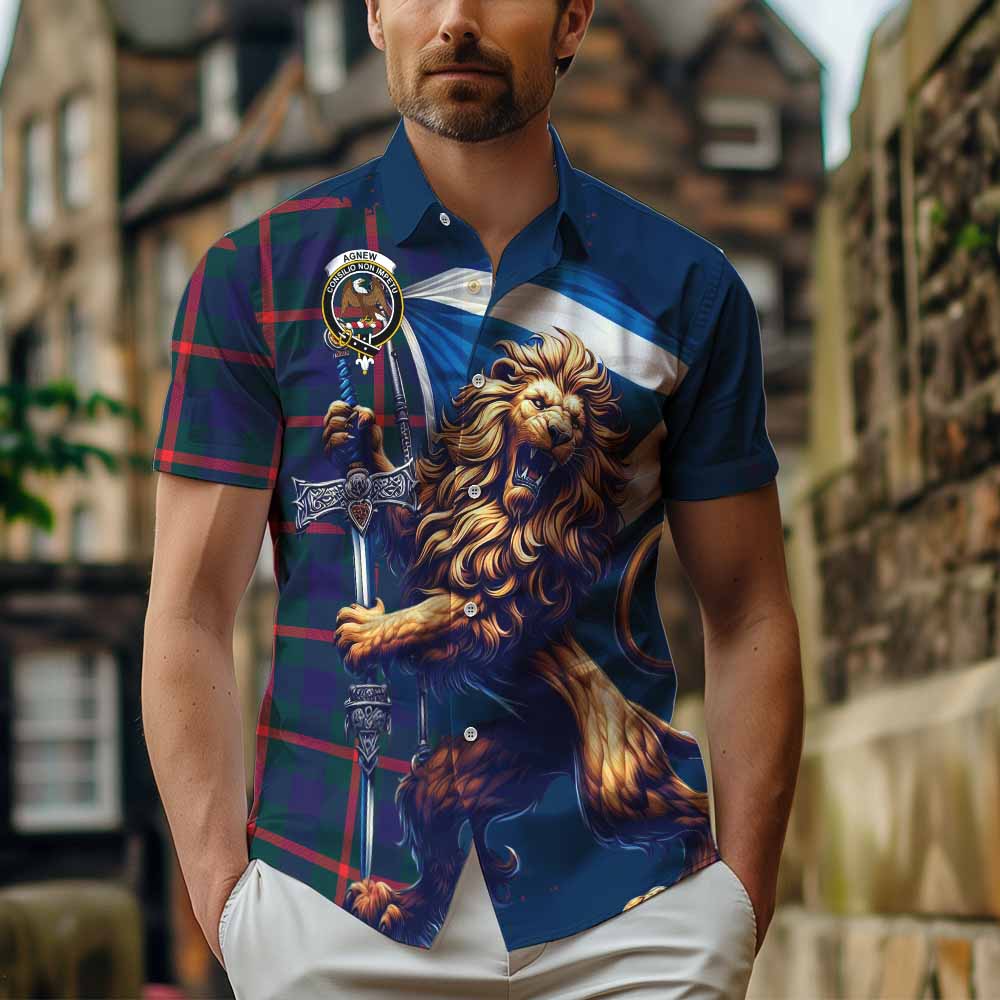 Tartan Vibes Clothing Agnew Tartan Family Crest Short Sleeve Button Shirt with Scottish Majestic Lion