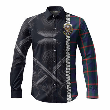 Agnew Tartan Long Sleeve Button Shirt with Family Crest Cross Sword Thistle Celtic Vibes