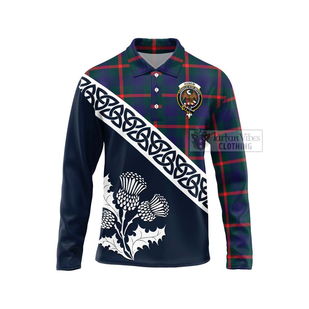 Tartan Vibes Clothing Agnew Tartan Long Sleeve Polo Shirt Featuring Thistle and Scotland Map