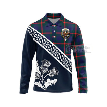 Agnew Tartan Long Sleeve Polo Shirt Featuring Thistle and Scotland Map