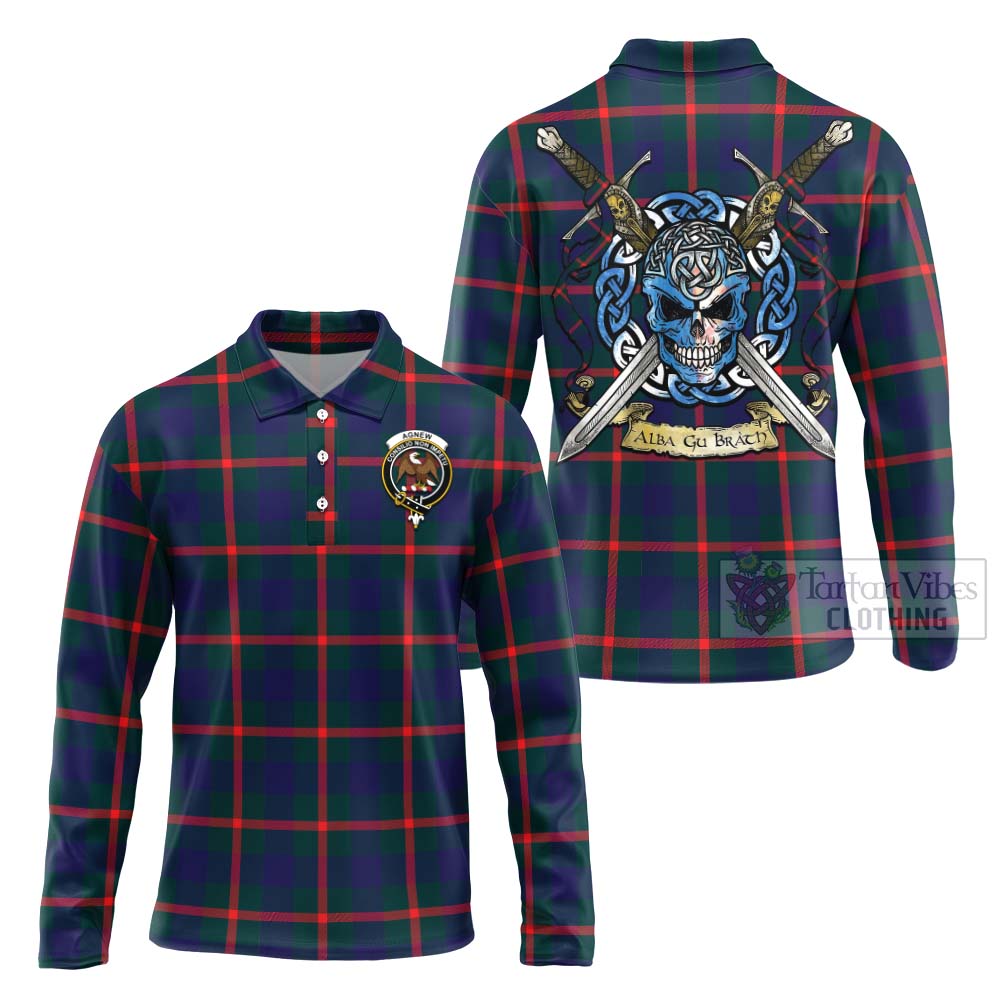 Tartan Vibes Clothing Agnew Tartan Long Sleeve Polo Shirt with Family Crest Celtic Skull Style