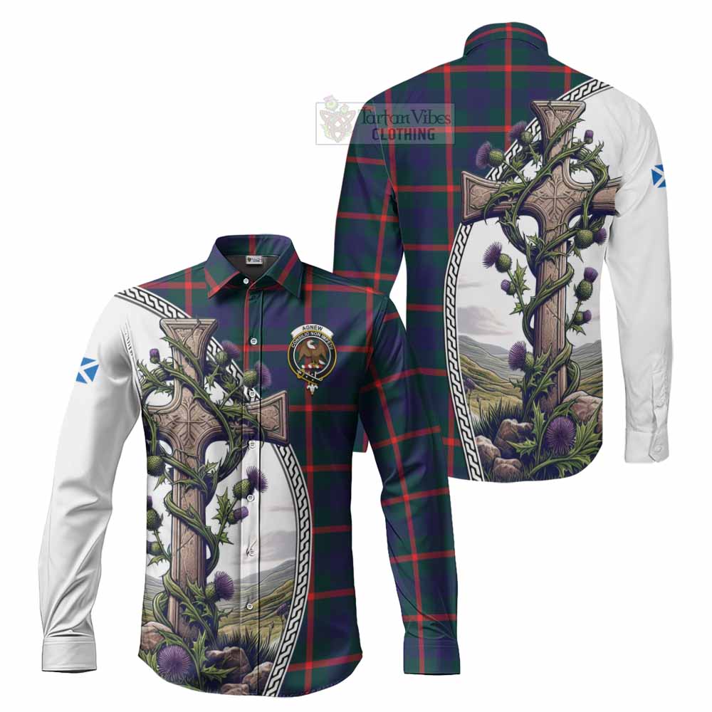 Tartan Vibes Clothing Agnew Tartan Long Sleeve Button Shirt with Family Crest and St. Andrew's Cross Accented by Thistle Vines