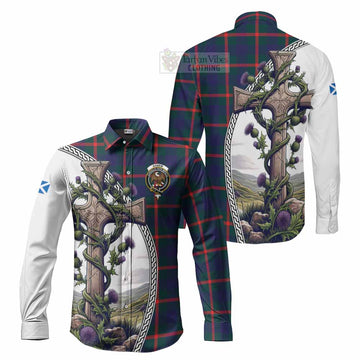 Agnew Tartan Long Sleeve Button Shirt with Family Crest and St. Andrew's Cross Accented by Thistle Vines