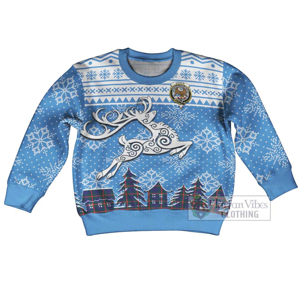 Tartan Vibes Clothing Agnew Clan Christmas Kid Ugly Sweater with Tartan and Celtic Raindeer Style