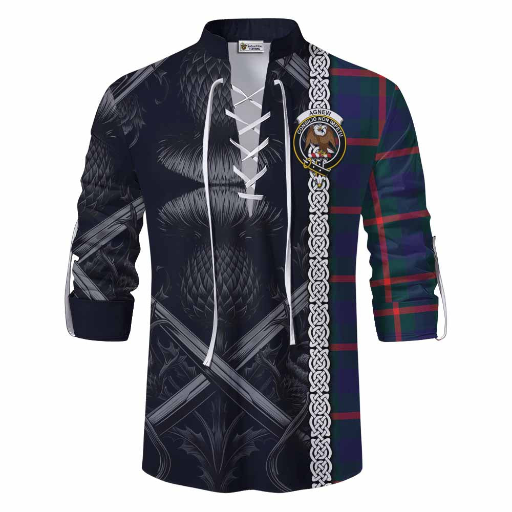 Tartan Vibes Clothing Agnew Tartan Ghillie Kilt Shirt with Family Crest Cross Sword Thistle Celtic Vibes